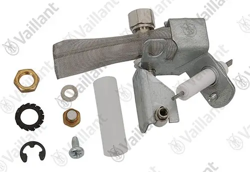 Vaillant Zündbrenner mit verschiedenen Anschluss- und Befestigungselementen, darunter ein Schutzgitter, Dichtungen und Schrauben.